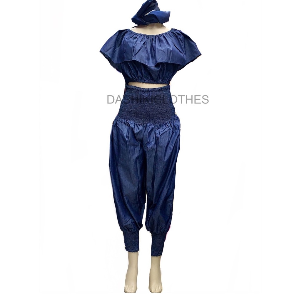 African Denim Jumpsuit With Head Scarf 100% Cotton